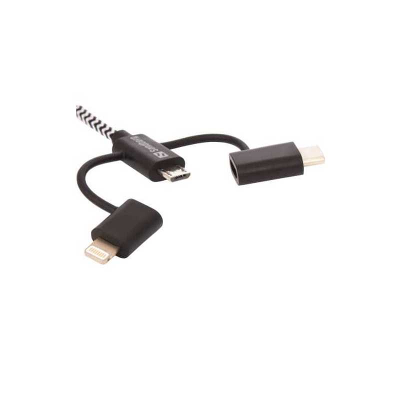 Sandberg 3-in-1 Sync & Charg Cable, Lightning, Micro USB & USB-C, 1 Metre, 5 Year Warranty